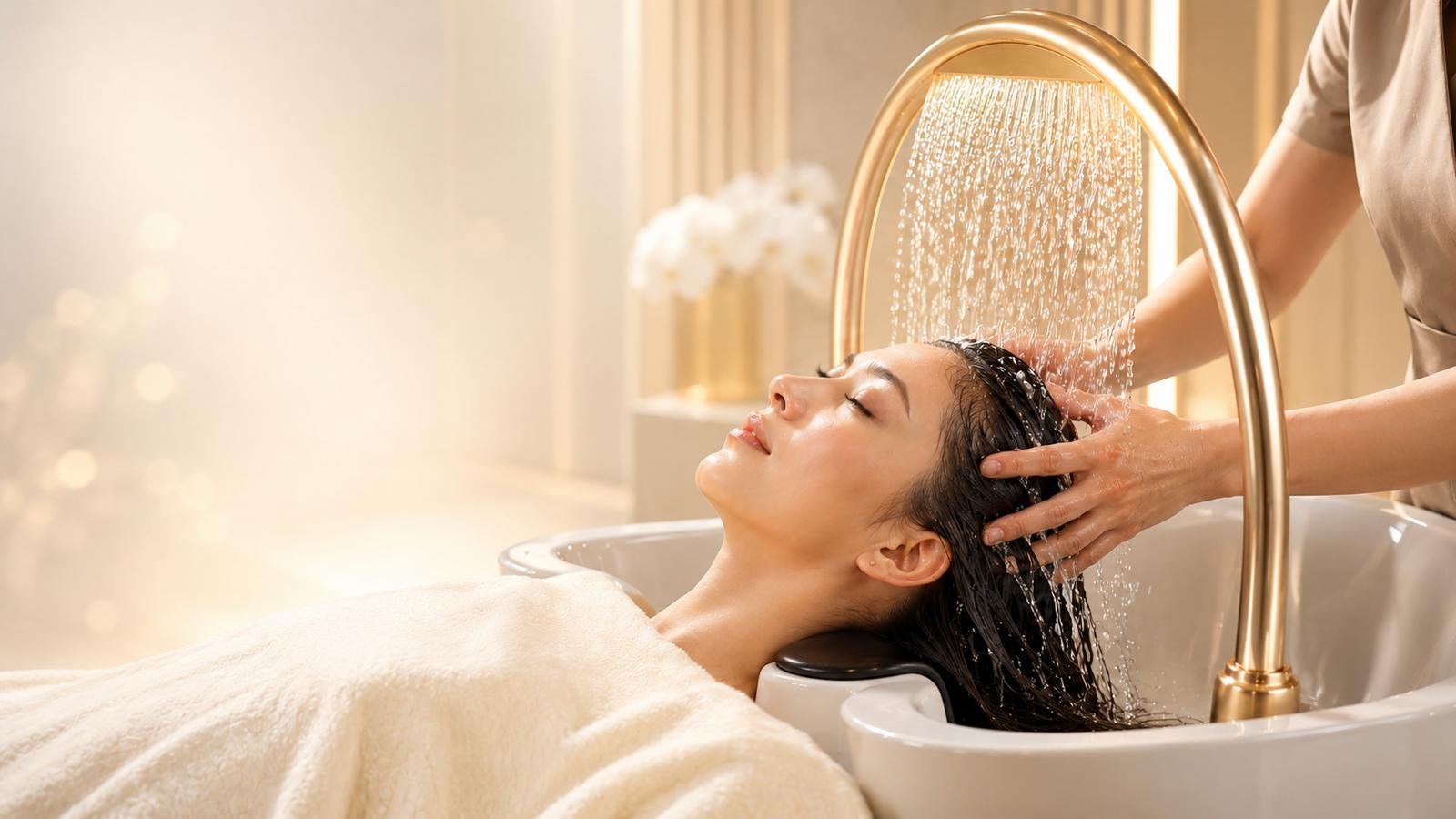 Client receiving a Japanese head spa scalp treatment at Luméa